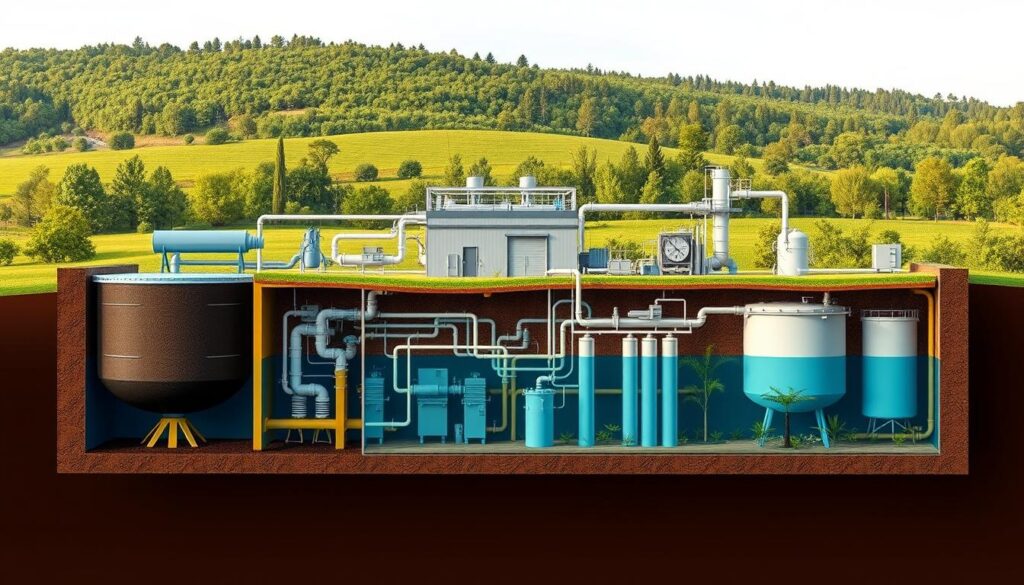A detailed cross-section of a comprehensive wastewater treatment system. In the foreground, various components are prominently displayed, including a sedimentation tank, clarifier, and biological reactor. The middle ground features a well-maintained, modern treatment plant with clean lines and efficient piping. In the background, a lush, verdant landscape provides a natural setting, conveying a sense of environmental harmony. The scene is illuminated by warm, soft lighting, creating a professional, educational atmosphere. Captured from a slightly elevated angle to provide an expansive view of the integrated system. Technical details are emphasized to support the educational purpose of the illustration.