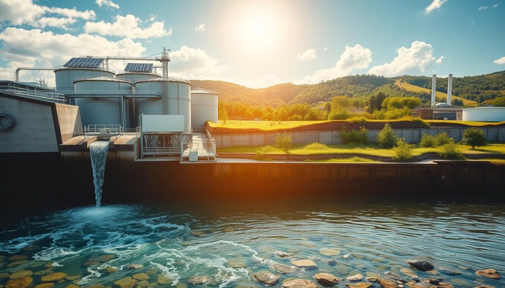 A detailed cross-section of a modern wastewater treatment plant, showcasing its impact on the environment. In the foreground, crystal-clear water flows out of the plant, contrasting with the murky, polluted river it discharges into. In the middle ground, towering tanks and filters process the incoming waste, powered by solar panels on the rooftops. In the background, lush, verdant landscapes and thriving wildlife demonstrate the plant's positive environmental footprint. Diffused sunlight casts a warm, serene glow over the entire scene, emphasizing the harmony between industry and nature. The composition highlights the critical role of wastewater management in preserving and restoring ecological balance.
