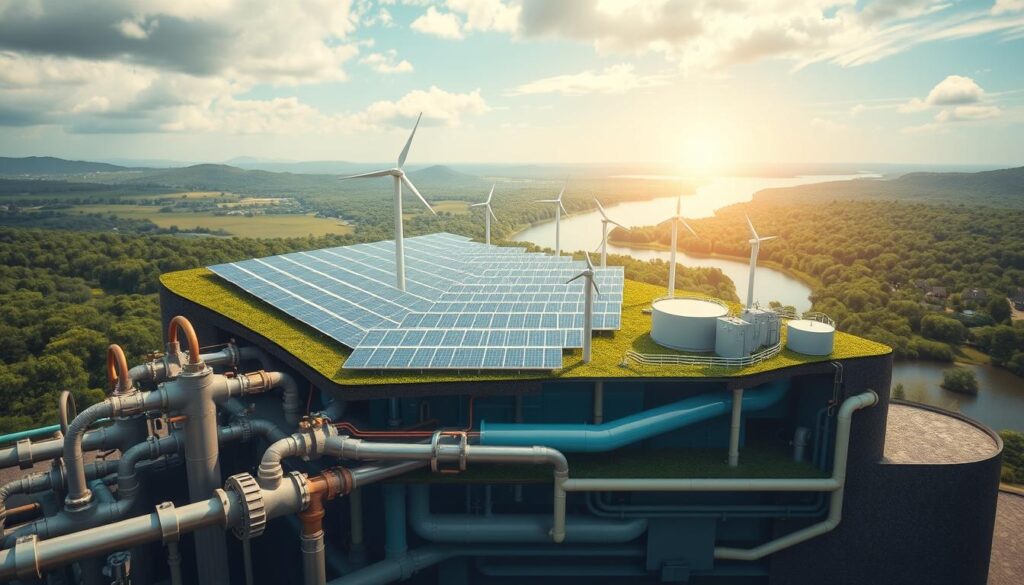 A detailed cross-section of a modern water treatment plant, showcasing its environmental impact. In the foreground, a network of pipes, valves, and filtering systems, highlighting the complex infrastructure required. The middle ground features a sprawling array of solar panels and wind turbines, emphasizing the plant's renewable energy integration. In the background, a lush, verdant landscape with a pristine river or lake, symbolizing the delicate balance between the water system and the surrounding ecosystem. Soft, warm lighting illuminates the scene, creating a sense of harmony and sustainability. The overall composition conveys the intricate relationship between water treatment, energy efficiency, and environmental preservation.