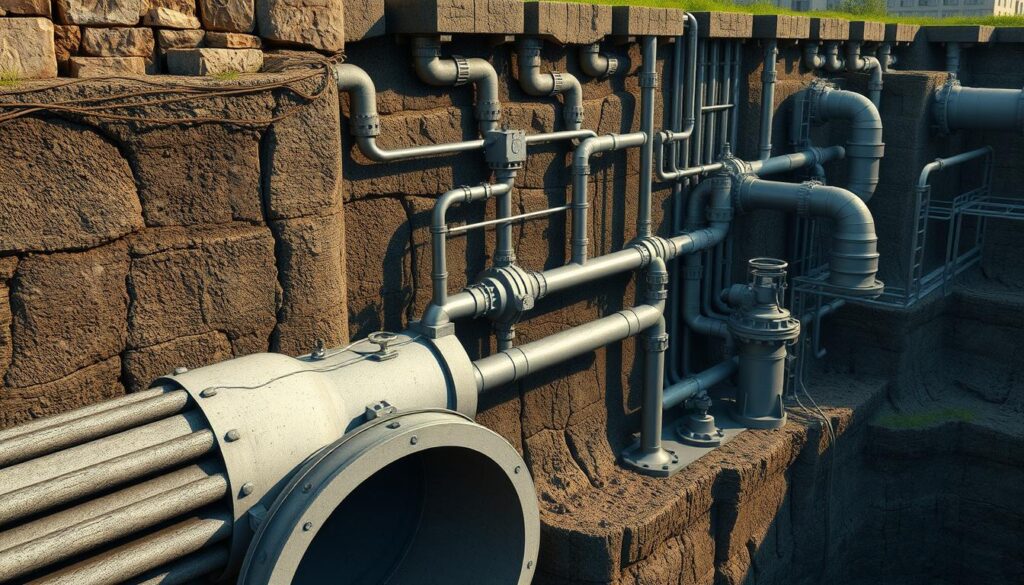 A detailed cross-section of an intricate underground sewer network, showcasing the various components and their interconnections. The foreground features the main gravity-fed pipeline, its corrugated concrete walls and reinforced joints clearly visible. In the middle ground, branching lateral pipes transport wastewater from nearby buildings, while pumping stations and valves regulate the flow. The background reveals the complex matrix of smaller drainage channels and storm water runoff systems, all seamlessly integrated. The scene is illuminated by a soft, diffused lighting, casting long shadows and accentuating the industrial, utilitarian aesthetic. Rendered in a realistic, technical style, the image conveys the hidden complexity and importance of this vital urban infrastructure.