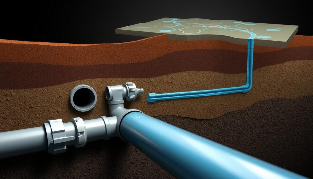 A detailed cross-section of an underground sewer pipeline system, rendered in a technical and engineering-focused style. The foreground depicts the various components of the pipeline, including the main sewer pipe, inspection manholes, connectors, and drainage inlets. The middle ground showcases the surrounding soil layers, with clear delineations between the different soil types and textures. In the background, a simplified topographic map provides context, highlighting the terrain and potential water flow patterns. The lighting is subdued, with a focus on highlighting the structural details of the system. The overall atmosphere conveys a sense of precision, functionality, and technical expertise, suitable for illustrating the "Dimensionnement des canalisations" section of the article.