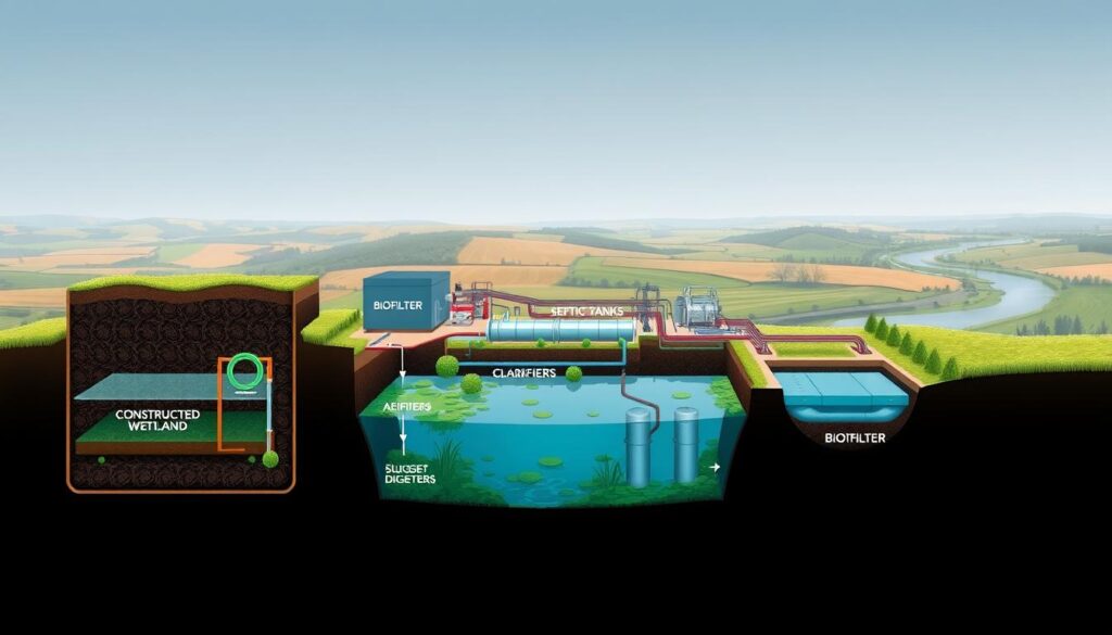 A detailed cross-section of various sewage treatment systems, captured in a technical illustration style. In the foreground, a septic tank, a biofilter, and a constructed wetland are prominently featured, showcasing their inner workings and components. The middle ground presents a municipal wastewater treatment plant, with clarifiers, aeration tanks, and sludge digesters visible. In the background, a panoramic view of a rural landscape with rolling hills and a winding river, representing the natural environment these systems are designed to protect. The lighting is crisp and evenly distributed, with a slightly muted color palette to convey a sense of technical precision. The overall composition emphasizes the interconnected nature of these sewage treatment technologies and their integration with the surrounding ecosystem.