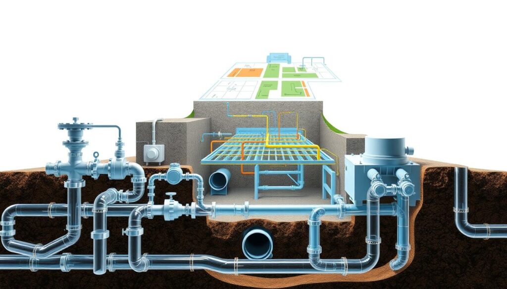 A detailed cutaway diagram showcasing the general structure of a wastewater treatment system, or "réseau d'assainissement". The foreground features a series of clear pipes, valves, and machinery, with various components like pumps, filters, and sedimentation tanks visible. The middle ground depicts a cross-section of the underground network, highlighting the interconnected array of drainage channels, manholes, and collection points. In the background, a clean, technical illustration of the overall system layout, with color-coded zones representing different stages of the wastewater treatment process. The lighting is bright and evenly distributed, emphasizing the precision and functionality of the system. The rendering style is technical, almost engineering-like, with a focus on accurate technical details and a minimal, schematic aesthetic.