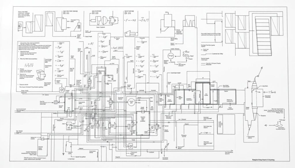 A detailed engineering diagram depicting a comprehensive sanitation network system. In the foreground, a complex schematic layout showcases the intricate piping, drainage, and treatment components. The middle ground features technical calculations, formulas, and data visualizations illustrating the precise engineering principles at work. The background provides a clean, minimalist architectural blueprint setting, highlighting the structural integration of the sanitation system. The overall scene conveys a sense of technical proficiency, scientific rigor, and practical problem-solving in the field of wastewater infrastructure design.