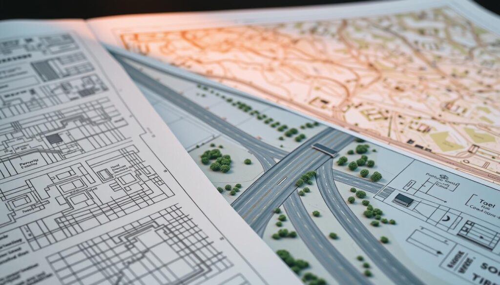 A detailed engineering schematic depicting a comprehensive road infrastructure assessment, captured under soft, warm lighting with a subtle depth of field. The foreground showcases technical diagrams and cross-sections, illustrating drainage systems, pavement structures, and traffic flow analyses. The middle ground features 3D renderings of the proposed roadway layout, complete with signage, intersections, and landscaping elements. In the background, a topographical map provides context, highlighting terrain features and geographic considerations crucial to the overall study. The overall tone conveys a sense of methodical planning, technical expertise, and a commitment to sustainable infrastructure development.