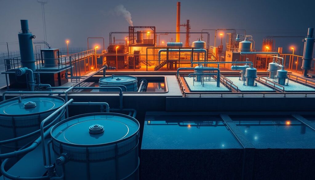 A detailed engineering schematic showcasing the wastewater treatment process. In the foreground, a series of clarification tanks and sedimentation basins, their intricate pipework and mechanical components precisely rendered. In the middle ground, a biological treatment plant with aeration tanks and activated sludge reactors, their inner workings visible through transparent walls. In the background, a power station and control room, illuminated by warm, industrial lighting that casts dramatic shadows across the scene. The overall atmosphere is one of technical sophistication and efficient water purification, reflecting the importance of this critical infrastructure.