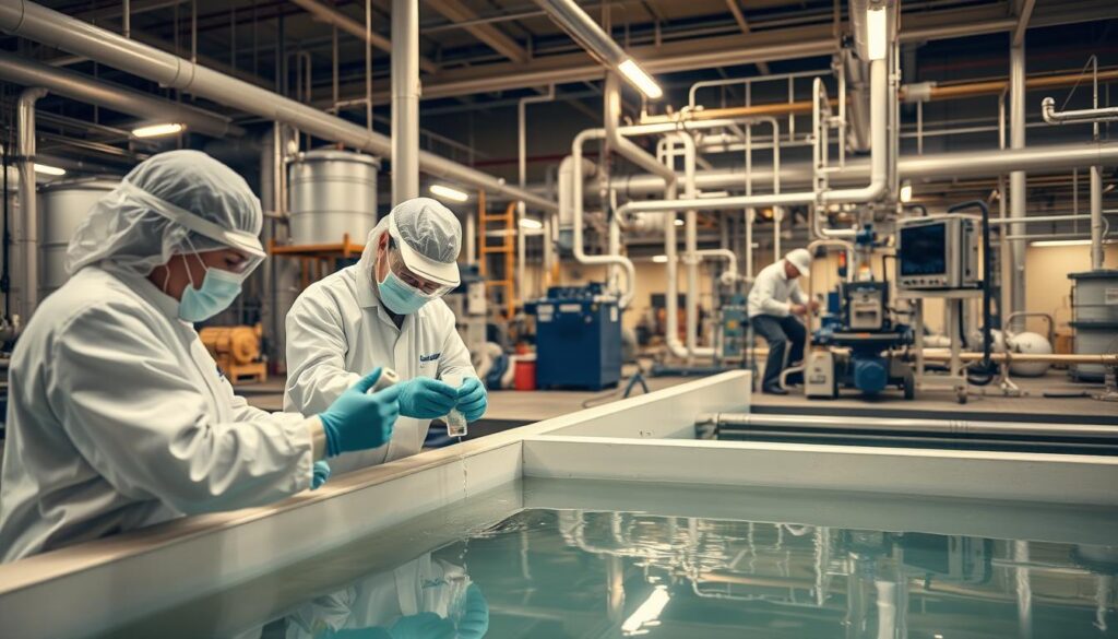 A detailed, high-resolution image of a wastewater treatment facility, with a focus on the evaluation and analysis of wastewater quality. In the foreground, a team of scientists in protective gear are taking water samples from a clarification tank, carefully examining the physical and chemical properties of the effluent. In the middle ground, technicians are operating various instruments and equipment to monitor the treatment process, while in the background, a complex network of pipes, tanks, and filtration systems are visible, showcasing the comprehensive nature of the wastewater treatment infrastructure. The scene is bathed in a warm, even lighting, creating a sense of scientific rigor and professionalism. The overall mood conveys the importance of accurately assessing wastewater quality to ensure compliance with environmental regulations and protect public health.