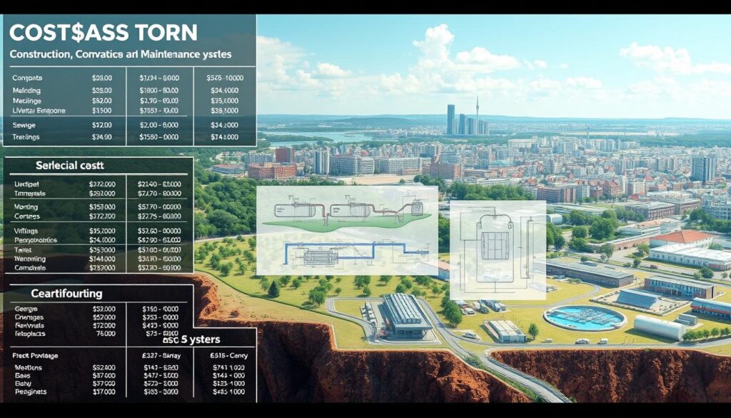 A detailed illustration of the costs associated with sanitation infrastructure. In the foreground, a comprehensive breakdown of construction, operation, and maintenance expenses for various sewage treatment systems. In the middle ground, technical diagrams showcasing the components and scale of these facilities. In the background, a broader landscape view highlighting the importance of efficient wastewater management within an urban environment. Rendered with a technical, engineering-focused aesthetic using a wide-angle lens to capture the scope and complexity of the subject matter. The image conveys the financial considerations and practical requirements of developing a robust sanitation network.