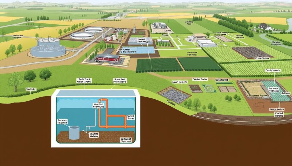 A detailed illustration of various sanitation system types. In the foreground, a cutaway diagram showcases the inner workings of a septic tank system, with clear labels delineating the components. In the middle ground, a panoramic view depicts a municipal wastewater treatment plant, complete with sedimentation tanks, aeration basins, and clarifiers. The background features a rural landscape dotted with different on-site sewage disposal methods, such as drainfields, mound systems, and constructed wetlands. The scene is rendered in a technical, engineering-focused style, with a muted color palette and precise, technical detailing to convey the subject matter's technical nature. A detailed illustration of various sanitation system types. In the foreground, a cutaway diagram showcases the inner workings of a septic tank system, with clear labels delineating the components. In the middle ground, a panoramic view depicts a municipal wastewater treatment plant, complete with sedimentation tanks, aeration basins, and clarifiers. The background features a rural landscape dotted with different on-site sewage disposal methods, such as drainfields, mound systems, and constructed wetlands. The scene is rendered in a technical, engineering-focused style, with a muted color palette and precise, technical detailing to convey the subject matter's technical nature.