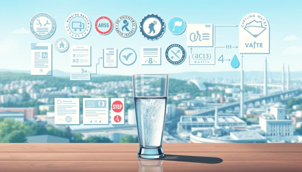 A detailed illustration showcasing the regulatory framework governing drinking water in France. In the foreground, a glass of clear, sparkling water sits atop a table, symbolizing the end-user's perspective. The middle ground depicts various government seals, certifications, and official documentation, conveying the complex web of regulations and standards. In the background, a cityscape with modern infrastructure, such as water treatment plants and distribution networks, provides context. The lighting is clean and natural, with a subtle blue-green hue to evoke the essence of water. The overall composition and mood aim to convey a sense of clarity, transparency, and the importance of safe, regulated drinking water in France.