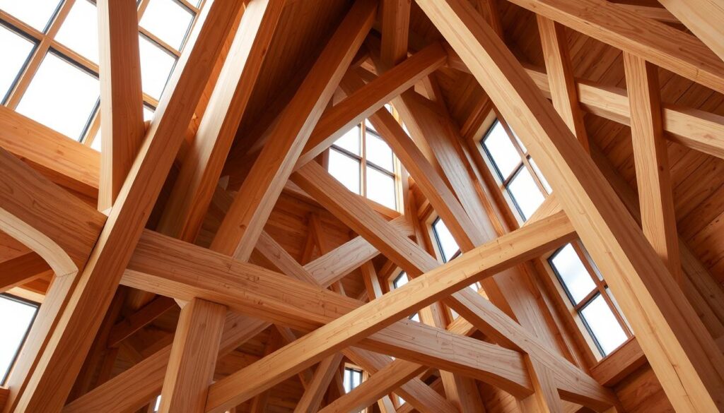 A detailed interior view of a modern wooden construction, featuring intricately interlocked laminated beams in a warm, natural tone. The beams form a visually striking pattern, creating a sense of structural integrity and elegance. Soft, diffused lighting from large windows casts a gentle glow, highlighting the wood's textural variations and grain. The scene conveys a harmonious blend of engineering and craftsmanship, perfectly suited for a section on the use of glued laminated timber in a construction article.