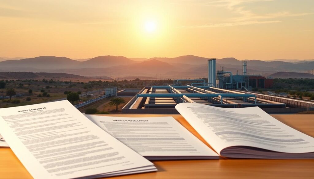 A detailed landscape depicting the regulatory framework of wastewater management in Morocco. In the foreground, a series of official documents, regulations, and policy guidelines are neatly arranged, conveying the comprehensive nature of the country's wastewater regulations. The middle ground features a modern wastewater treatment facility, with clean lines, gleaming pipes, and a backdrop of rolling hills. The sky is softly lit, with a warm, golden glow, creating a sense of progress and environmental stewardship. The overall composition suggests a well-developed, technology-driven approach to wastewater treatment, aligned with Morocco's commitment to sustainable development.