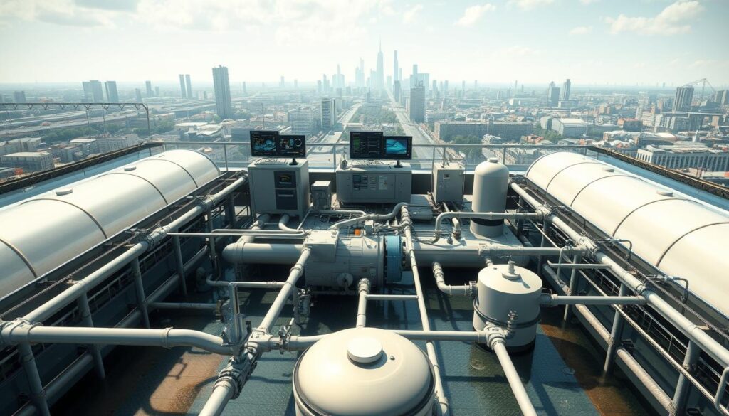 A detailed overhead view of an urban wastewater treatment simulation system. In the foreground, a network of pipes, tanks, and filtration equipment, rendered in a technical, engineering-focused style. The middle ground features digital control panels and monitoring systems, conveying the complexity of the simulation. The background showcases a city skyline, hinting at the broader context of the urban environment. Realistic lighting casts subtle shadows, and the overall atmosphere is one of technical precision and functionality, reflecting the educational nature of the subject matter.