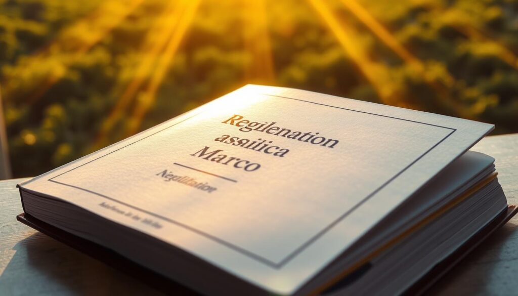 A detailed regulation book on Moroccan sanitation systems, its cover emblazoned with the Arabic script "Réglementation assainissement Maroc". The book rests atop a table, beams of warm, golden sunlight casting a soft glow across its surface. In the background, a lush, verdant landscape unfolds, hinting at the importance of proper sanitation in Morocco's natural environments. The composition is crisp and well-balanced, inviting the viewer to delve into the intricacies of this essential legal framework.