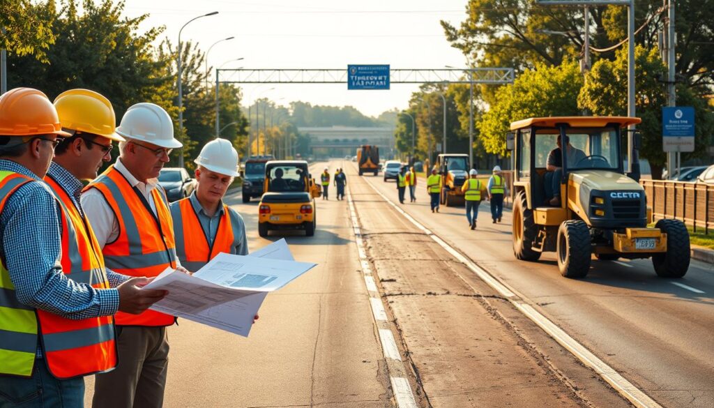 A detailed scene depicting the key stakeholders involved in road maintenance and infrastructure improvement. In the foreground, a group of civil engineers and urban planners in hard hats and high-visibility vests, examining blueprints and discussing plans. In the middle ground, a team of construction workers operating heavy machinery like excavators and pavers, repairing and resurfacing a stretch of road. In the background, a municipal building and signage indicating the local department of transportation. The scene is illuminated by warm afternoon sunlight, conveying a sense of progress and collaborative effort towards improving the local road network.