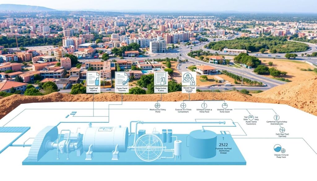 A detailed schematic diagram depicting the regulatory framework of wastewater treatment in Morocco. The foreground showcases a technical blueprint of a wastewater treatment plant, complete with piping, tanks, and mechanical equipment. The middle ground features various regulatory documents, guidelines, and policy icons, highlighting the legal and institutional aspects of sanitation management. The background depicts a panoramic view of a Moroccan urban landscape, with buildings, roads, and lush greenery, setting the geographical context. The lighting is soft and even, creating a technical and professional atmosphere. The camera angle is slightly elevated, providing a comprehensive overview of the scene. The overall tone conveys the importance of a well-regulated and structured approach to sanitation infrastructure in the country. A detailed schematic diagram depicting the regulatory framework of wastewater treatment in Morocco. The foreground showcases a technical blueprint of a wastewater treatment plant, complete with piping, tanks, and mechanical equipment. The middle ground features various regulatory documents, guidelines, and policy icons, highlighting the legal and institutional aspects of sanitation management. The background depicts a panoramic view of a Moroccan urban landscape, with buildings, roads, and lush greenery, setting the geographical context. The lighting is soft and even, creating a technical and professional atmosphere. The camera angle is slightly elevated, providing a comprehensive overview of the scene. The overall tone conveys the importance of a well-regulated and structured approach to sanitation infrastructure in the country.