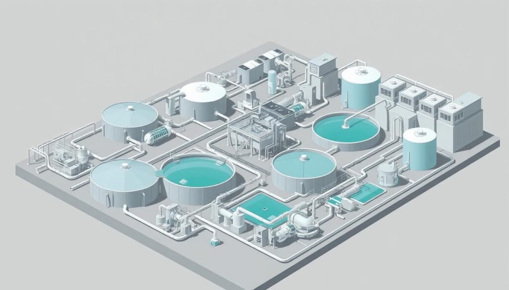 A detailed, schematic illustration of a sewage treatment plant, showcasing its key components and process stages. Depicted with a technical, engineering-oriented aesthetic, the image should feature a sprawling facility set against a muted, industrial backdrop. Prominent structures like sedimentation tanks, aeration basins, and clarifiers should be clearly visible, with pipes, valves, and other infrastructure winding through the scene. Utilize a crisp, high-contrast lighting to emphasize the mechanical nature of the plant, and consider an elevated, birds-eye perspective to provide an encompassing view of the entire system. The overall tone should convey a sense of functional efficiency and environmental stewardship integral to modern wastewater treatment.