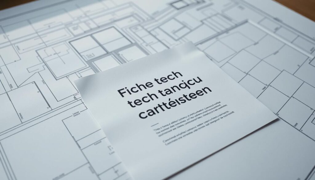 A detailed technical blueprint of a construction site, featuring a prominent "Fiche technique chantier" document at the center. The blueprint is presented in a clean, minimalist style with a focus on key structural elements and measurements. The lighting is bright and natural, creating a sense of professionalism and efficiency. The camera is positioned slightly elevated, giving a comprehensive overview of the site layout and the essential components of the technical specification sheet. The overall mood conveys a sense of organization, precision, and the importance of thorough planning for a successful construction project.