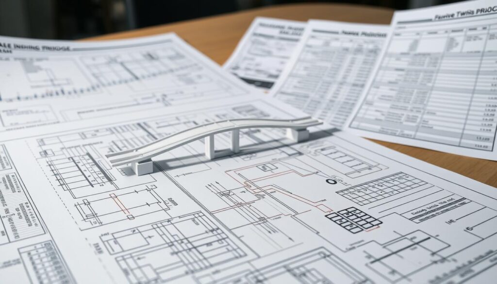 A detailed technical construction plan for a large-scale highway bridge project, displayed on an engineer's drawing table under bright studio lighting. The foreground shows a meticulously rendered blueprint with precise measurements, calculations, and schematics. The middle ground features a 3D model of the bridge structure, allowing for a better understanding of the construction. In the background, cost estimates, material specifications, and project timelines are organized in a professional manner, conveying the complexity and thoroughness of the budgeting process. The overall scene exudes a sense of precision, expertise, and careful consideration of the financial aspects of the infrastructure development.