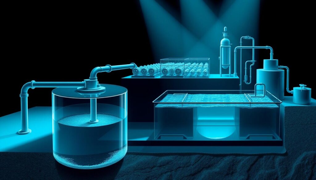 A detailed technical diagram depicting a wastewater treatment process. The foreground shows a large, industrial-scale sedimentation tank with clear inflow and outflow pipes. The middle ground features a series of aeration tanks with bubbling aerators, while the background showcases a clarifier and disinfection equipment. The scene is illuminated by cool, directional lighting that casts long shadows, highlighting the scale and complexity of the system. The overall mood is one of efficient, well-engineered infrastructure, showcasing the practical applications of wastewater management studies.