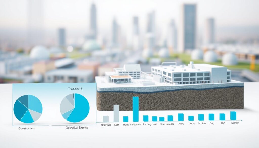 A detailed technical diagram depicting the cost components of a wastewater treatment project. The foreground shows a breakdown of construction, installation, and operational expenses, with labeled pie charts and bar graphs. The middle ground presents architectural renderings of the treatment plant facilities, showcasing the scale and complexity of the infrastructure. The background features a soft, blurred cityscape, hinting at the urban context where such projects are typically undertaken. The lighting is crisp and evenly distributed, emphasizing the technical nature of the illustration. The overall composition conveys a sense of precision, efficiency, and the significant financial investment required for effective wastewater management.