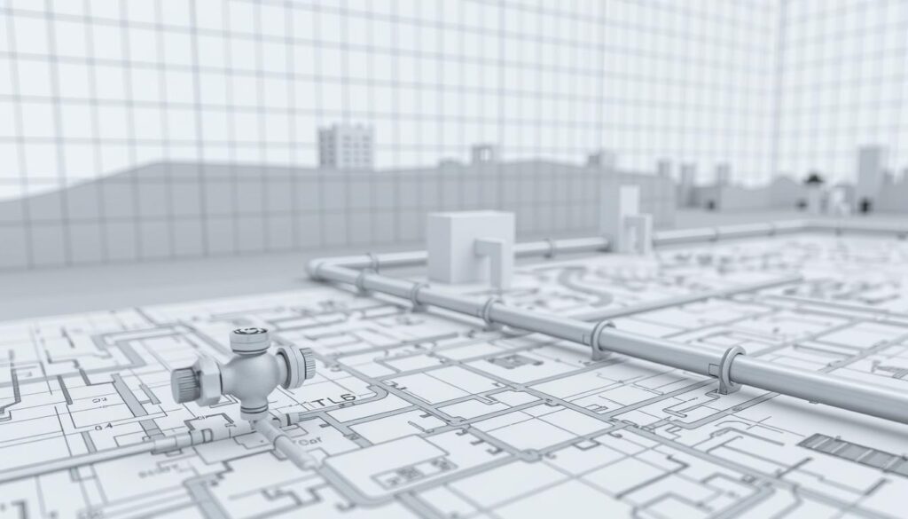 A detailed technical diagram of a sanitation network design, showcasing the various components and their interconnections. The scene is set in a clean, well-lit environment, with a subtle grid pattern in the background to convey the structured nature of the network. The foreground features a technical schematic, with pipes, valves, and junctions precisely rendered in muted tones, emphasizing the engineering principles behind the system. The middle ground includes simplified 3D models of the network elements, allowing for a more intuitive understanding of the spatial relationships. The background subtly blends architectural elements, such as building outlines and landscaping, to situate the network within its larger context. The overall mood is one of professional expertise, highlighting the careful planning and engineering required for effective sanitation network design. A detailed technical diagram of a sanitation network design, showcasing the various components and their interconnections. The scene is set in a clean, well-lit environment, with a subtle grid pattern in the background to convey the structured nature of the network. The foreground features a technical schematic, with pipes, valves, and junctions precisely rendered in muted tones, emphasizing the engineering principles behind the system. The middle ground includes simplified 3D models of the network elements, allowing for a more intuitive understanding of the spatial relationships. The background subtly blends architectural elements, such as building outlines and landscaping, to situate the network within its larger context. The overall mood is one of professional expertise, highlighting the careful planning and engineering required for effective sanitation network design.