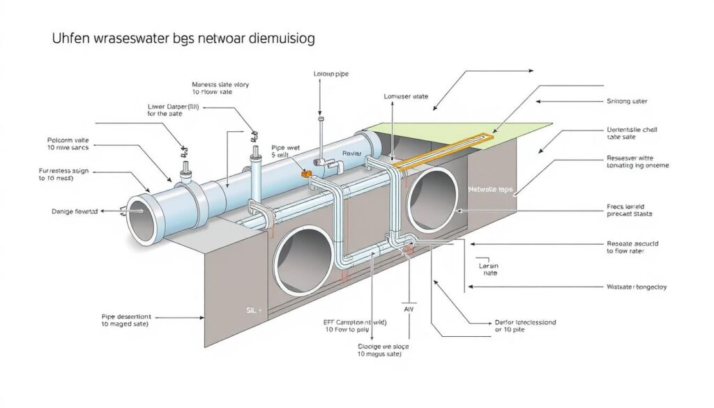 A detailed technical diagram of a wastewater drainage network, showing the fundamental principles of network dimensioning. The image displays a cross-sectional view of underground pipes, manholes, and other infrastructure components. Precise engineering symbols, measurements, and annotations illustrate the key design parameters such as pipe diameter, slope, flow rate, and network topology. The diagram is rendered in a technical, engineering-focused style with clean lines, muted colors, and an emphasis on clarity and functionality. Subtle shadows and a neutral background create depth and dimensionality, while the overall composition conveys a sense of systematic organization and technical expertise.