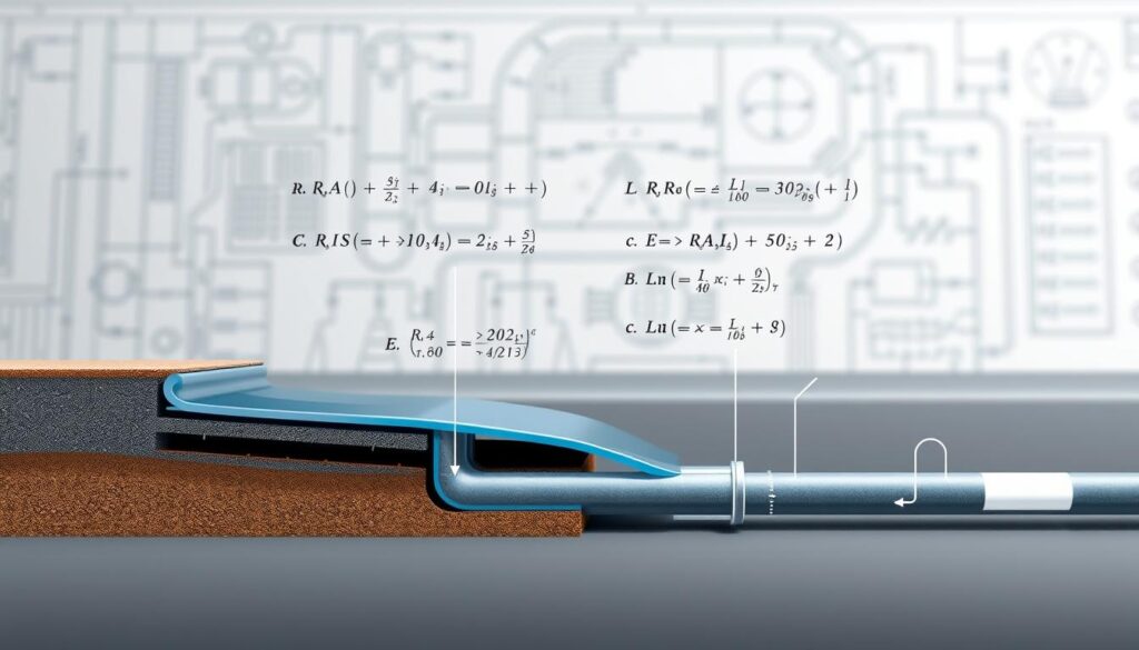 A detailed technical diagram of the essential calculations for road drainage systems. The foreground depicts a cross-section of a road, showcasing the slope, drainage channels, and underground pipe infrastructure. The middle ground features mathematical formulas, variables, and diagrams illustrating the key calculations, such as runoff volume, pipe diameter, and flow rates. The background is a softly blurred technical blueprint, providing context. The lighting is clean and evenly distributed, with a muted color palette of grays, blues, and browns to convey the utilitarian nature of the subject matter. The overall scene has a precise, technical, and engineering-focused atmosphere, suitable for illustrating the "Calculs nécessaires en assainissement routier" section of the article.