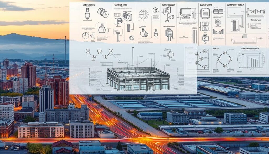A detailed technical illustration depicting the planning stage of a wastewater management project. In the foreground, a cityscape with buildings, roads, and infrastructure, indicating the project's urban setting. In the middle ground, an architectural blueprint or schematic overlaid with annotations and diagrams, representing the planning and design process. In the background, a series of scientific diagrams and charts, conveying the technical aspects of the wastewater treatment system. The scene is illuminated by a combination of warm and cool lighting, creating a sense of depth and professionalism. The overall mood is one of thoughtful planning and engineering expertise, suitable for an educational guide on municipal wastewater management.