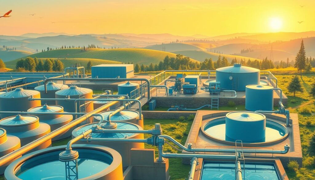 A detailed technical illustration of a modern wastewater treatment plant. In the foreground, an array of aeration tanks, clarifiers, and sedimentation basins, with pipes and valves conveying the flow of water. In the middle ground, a control room with monitoring screens and technicians overseeing the operations. In the background, a landscape of rolling hills and trees, bathed in soft, warm lighting from the setting sun, creating a serene and eco-friendly atmosphere. The scene emphasizes the complex engineering and processing involved in treating wastewater, essential for maintaining environmental sustainability.