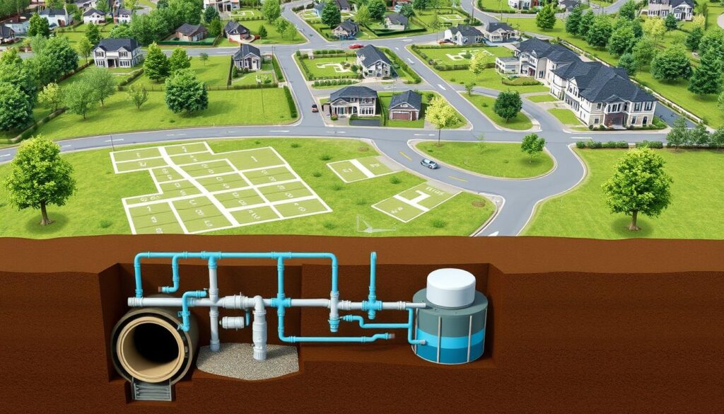 A detailed technical illustration of a residential subdivision's wastewater management infrastructure, presented in a clean, technical style. The foreground depicts a cutaway view showcasing the underground piping system, manholes, and septic tanks. The middle ground shows a site plan with lot boundaries, road layout, and the interconnected network of drainage pipes. The background features an architectural rendering of the subdivision, with houses, trees, and landscaping elements. The overall scene conveys compliance with relevant environmental regulations and industry standards, with a focus on efficient, code-compliant wastewater system design.