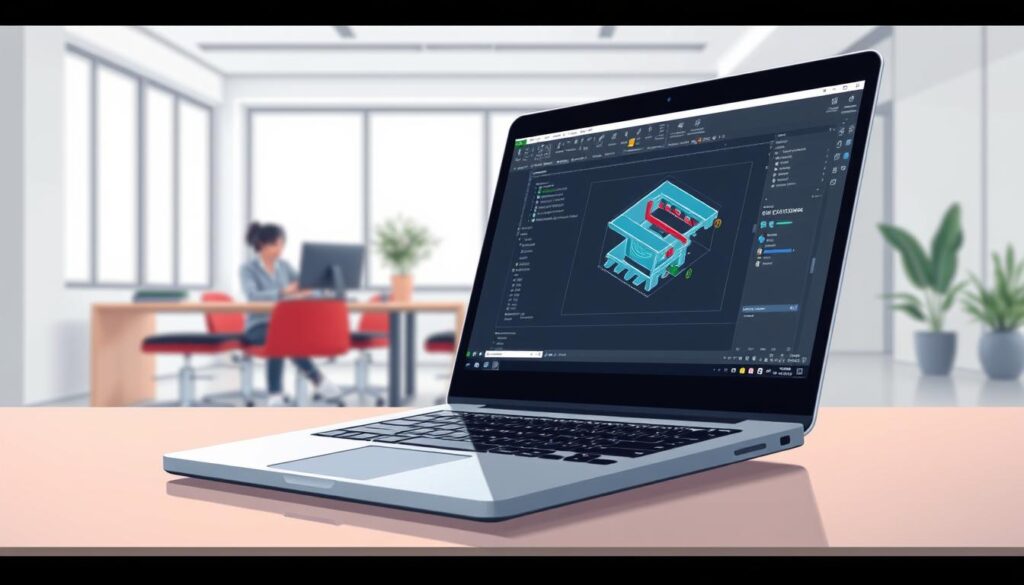 A detailed, technical illustration of an online AutoCAD training course. In the foreground, a laptop displays an AutoCAD interface, its 3D models and tools clearly visible. In the middle ground, a person in a casual outfit sits studying the screen, pen in hand. The background depicts a modern, minimalist office space with clean lines, large windows, and soft lighting. The overall mood is focused, educational, and professional, conveying the serious yet accessible nature of the online AutoCAD course.