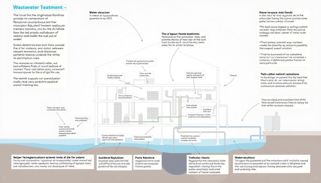 A detailed, technical illustration of the regulations governing wastewater treatment systems. A clean, well-lit architectural diagram showcases the key elements and their interconnections, with precise labels and callouts explaining the various components. The scene has a neutral, informative tone, conveying the importance of adherence to legal standards and best practices. The image is constructed with a balanced, technical aesthetic that would suit an educational or professional context, without any superfluous decorative elements. A detailed, technical illustration of the regulations governing wastewater treatment systems. A clean, well-lit architectural diagram showcases the key elements and their interconnections, with precise labels and callouts explaining the various components. The scene has a neutral, informative tone, conveying the importance of adherence to legal standards and best practices. The image is constructed with a balanced, technical aesthetic that would suit an educational or professional context, without any superfluous decorative elements.