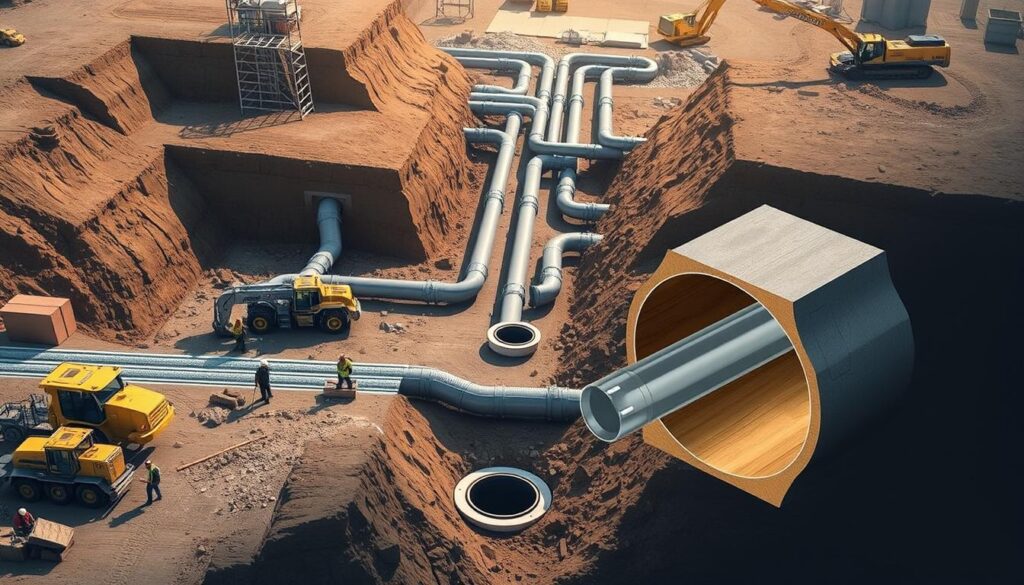 A detailed technical illustration showcasing the dimensioning of pipes and drainage systems. The scene depicts a construction site with heavy machinery and workers in the foreground, a network of underground pipes and manholes in the middle ground, and a cutaway view revealing the cross-section of the pipes, highlighting their dimensions and materials. The lighting is natural, with soft shadows and highlights emphasizing the technical aspects. The color palette is muted, with shades of gray, brown, and blue, creating a professional and industrial atmosphere. The perspective is slightly elevated, providing a comprehensive overview of the drainage system's layout and design.