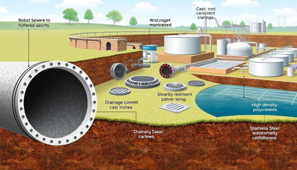 A detailed technical illustration showcasing the various materials used in sanitation infrastructure. In the foreground, a cross-section view of a sewer pipe, highlighting the robust construction materials like reinforced concrete, specialized gaskets, and corrosion-resistant coatings. In the middle ground, an array of drainage manholes, grates, and access hatches made from cast iron, stainless steel, and high-density polyethylene. In the background, a wide-angle view of a wastewater treatment plant, with storage tanks, clarifiers, and filtering systems crafted from durable, long-lasting materials. The scene is rendered in a technical, engineering-focused style with precise attention to material properties, construction methods, and functional requirements.