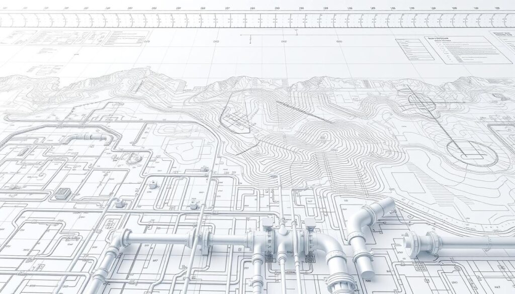 A detailed technical schematic of a comprehensive sewer network system, captured with a high-resolution camera in a clean, minimalist style. The foreground displays intricate pipe layouts, junctions, and flow control mechanisms. The middle ground showcases topographical contours, terrain profiles, and drainage patterns. The background features faint gridlines and measurement scales to convey a sense of scale and precision. The lighting is bright and evenly diffused, highlighting the engineered complexity of the system. The composition emphasizes the interconnected nature of the network, with a focus on efficient water management and infrastructure planning.