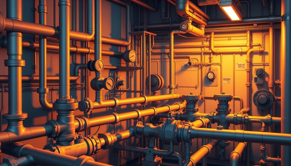 A detailed technical schematic of a drinking water distribution network, featuring intricate piping systems, valves, and meters. The scene depicts the complex infrastructure that delivers clean water to homes and businesses, showcasing the engineering challenges involved. Illuminated by warm, directional lighting that casts subtle shadows, highlighting the intricacy of the network. The composition emphasizes the interconnected nature of the system, with pipes and fittings occupying the foreground, mid-ground, and background, creating a sense of depth and complexity. The overall mood is one of functional sophistication, conveying the crucial role these hidden networks play in modern urban environments.