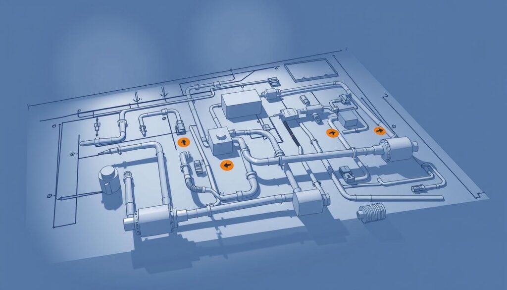 A detailed technical schematic of a sewer network design, featuring intricate pipe systems, junction boxes, and flow direction indicators. The layout is shown in a clean, minimalist style with a crisp, technical illustration. The scene is illuminated by cool, directional lighting, casting shadows that accentuate the engineered components. The overall mood conveys a sense of precision and functionality, suitable for the "Éléments clés à considérer en dimensionnement" section of the article. A detailed technical schematic of a sewer network design, featuring intricate pipe systems, junction boxes, and flow direction indicators. The layout is shown in a clean, minimalist style with a crisp, technical illustration. The scene is illuminated by cool, directional lighting, casting shadows that accentuate the engineered components. The overall mood conveys a sense of precision and functionality, suitable for the "Éléments clés à considérer en dimensionnement" section of the article.
