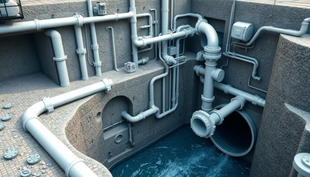 A detailed urban drainage system, with intricate underground pipes, manholes, and drainage infrastructure. The scene depicts a cutaway view, revealing the complex network of sewers, storm drains, and treatment facilities that manage the flow of water through the city. The lighting is soft and diffused, emphasizing the technical precision and engineering complexity of the system. The composition features a balanced arrangement of the various components, showcasing their interconnectedness and the importance of this unseen but vital infrastructure to the urban landscape.