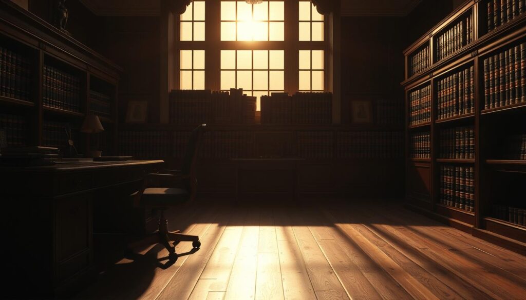 A dimly lit governmental office, with a desk and chair in the foreground, casting long shadows across the wooden floorboards. In the middle ground, a bookshelf overflows with thick legal tomes, their spines bearing embossed titles. The background features a large window, its panes casting a warm, golden glow, hinting at the setting sun outside. The overall atmosphere is one of contemplation and quiet authority, befitting the subject of legislative framework for sanitation.