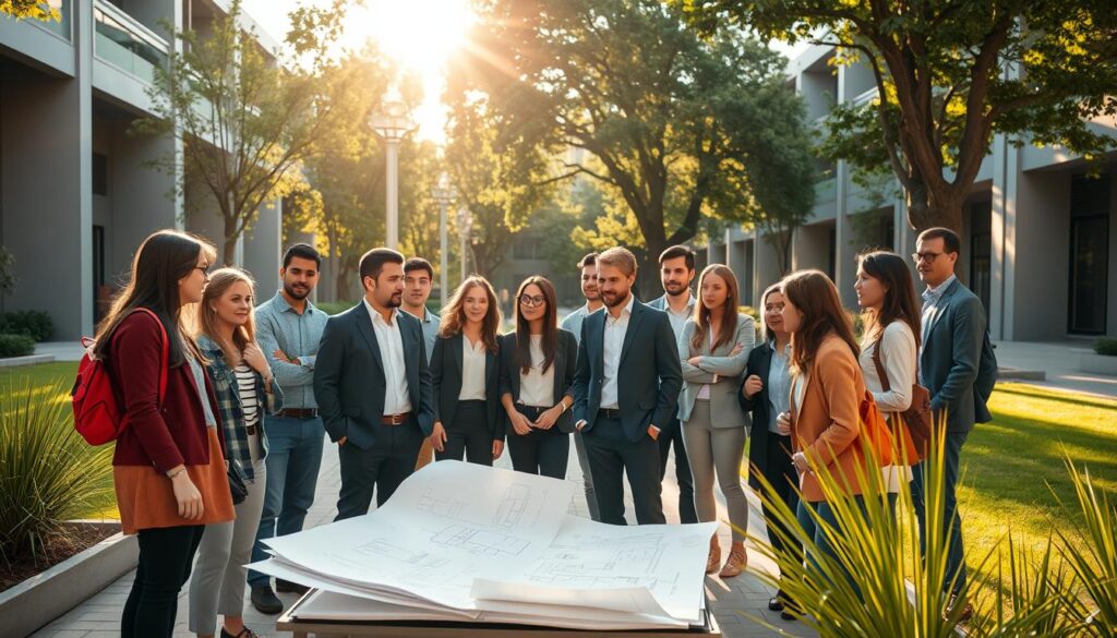 A diverse group of civil engineering students standing confidently in a campus courtyard, surrounded by modern architecture and lush greenery. Warm afternoon sunlight filters through the trees, casting a gentle glow and casting long shadows. The students are dressed in professional attire, engaged in animated discussion, representing the next generation of structural design experts. In the foreground, a group clusters around a blueprint, analyzing plans and collaborating on innovative solutions. The overall atmosphere conveys a sense of intellectual curiosity, technical mastery, and a shared passion for their field of study.