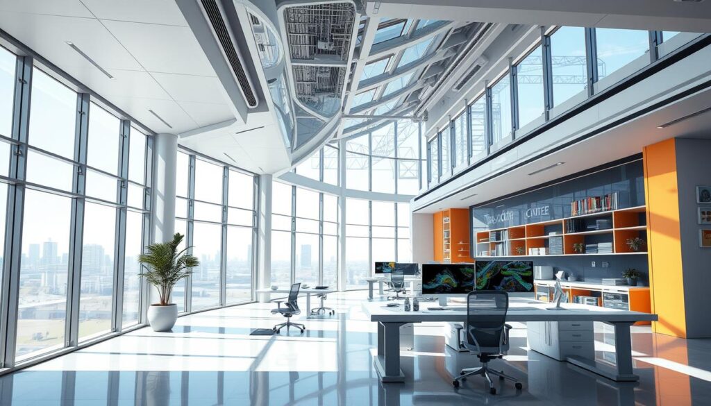 A futuristic, highly detailed 3D architectural rendering of the interior of Tekla Structures 2025 software. Showcase the sophisticated user interface, cutting-edge visualization tools, and optimized performance capabilities. Depict the software in a sleek, modern office setting with large windows, abundant natural lighting, and a minimalist, ergonomic workspace. Emphasize the seamless integration of BIM modeling, structural analysis, and fabrication planning. Convey a sense of technological advancement, efficiency, and user-centric design. A futuristic, highly detailed 3D architectural rendering of the interior of Tekla Structures 2025 software. Showcase the sophisticated user interface, cutting-edge visualization tools, and optimized performance capabilities. Depict the software in a sleek, modern office setting with large windows, abundant natural lighting, and a minimalist, ergonomic workspace. Emphasize the seamless integration of BIM modeling, structural analysis, and fabrication planning. Convey a sense of technological advancement, efficiency, and user-centric design.