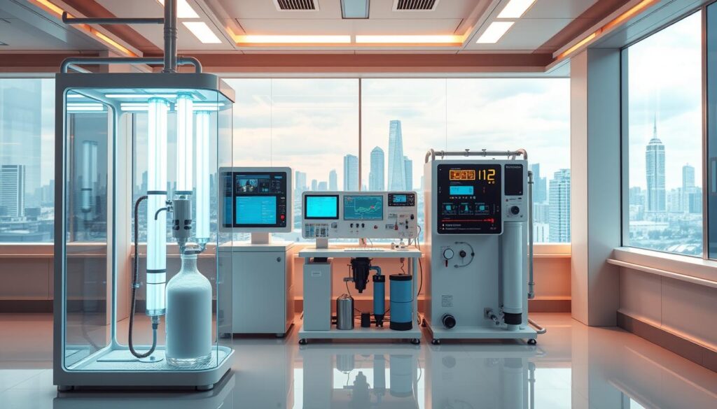 A futuristic laboratory setting, showcasing hybrid water disinfection solutions. In the foreground, a sleek, transparent water purifier system with ultraviolet lamps, chlorine injectors, and reverse osmosis membranes. The middle ground features an array of digital displays and control panels, providing real-time monitoring and optimization of the disinfection process. The background depicts a panoramic view of a modern city skyline, highlighting the integration of these advanced water treatment technologies within the urban environment. Warm lighting and a sense of clean, efficient innovation permeate the scene, conveying the idea of complementary, hybrid solutions for effective water disinfection.