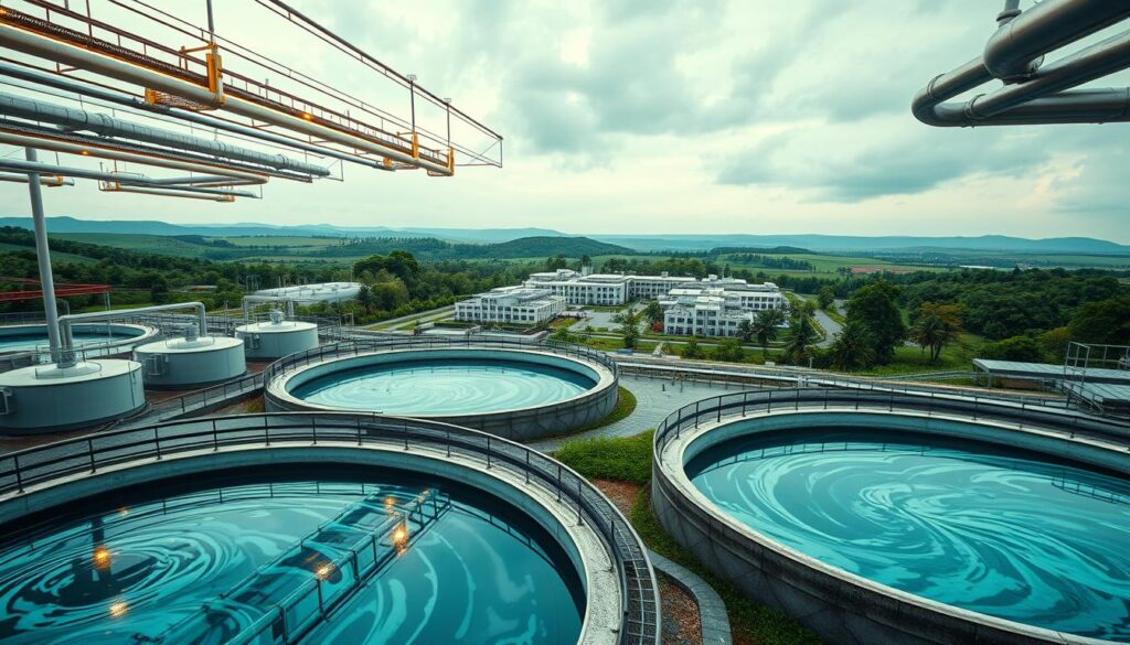 A futuristic wastewater treatment plant set in a lush, verdant landscape. In the foreground, a series of sleek, modern tanks and basins filled with swirling, iridescent water. Overhead, a network of pipes and machinery bathed in warm, ambient lighting, casting dynamic shadows across the scene. In the middle ground, a sprawling complex of buildings with clean, minimalist architecture, surrounded by carefully manicured greenery. The background features a panoramic view of rolling hills and a cloudless sky, conveying a sense of harmony between technology and nature. The overall mood is one of innovation, efficiency, and environmental sustainability. A futuristic wastewater treatment plant set in a lush, verdant landscape. In the foreground, a series of sleek, modern tanks and basins filled with swirling, iridescent water. Overhead, a network of pipes and machinery bathed in warm, ambient lighting, casting dynamic shadows across the scene. In the middle ground, a sprawling complex of buildings with clean, minimalist architecture, surrounded by carefully manicured greenery. The background features a panoramic view of rolling hills and a cloudless sky, conveying a sense of harmony between technology and nature. The overall mood is one of innovation, efficiency, and environmental sustainability.