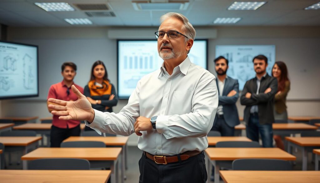 A group of civil engineering instructors standing confidently in a modern, well-equipped classroom. In the foreground, a middle-aged professor in a crisp white shirt and dark slacks gestures animatedly while lecturing, his face filled with passion for the subject. Behind him, several younger instructors listen intently, their expressions attentive and engaged. The background features rows of desks, a large whiteboard, and technical diagrams projected onto the wall, creating an atmosphere of academic rigor and hands-on learning. The lighting is soft and flattering, highlighting the instructors' expertise and authority. Overall, the scene conveys the expertise and dedication of the civil engineering faculty, ready to impart their knowledge to the next generation of students.
