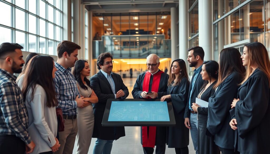 A group of diverse individuals, representing various engineering disciplines, stand together in a modern university campus setting. The foreground features a mix of male and female students, dressed in professional attire, engaged in animated discussions and collaborating on technical diagrams and schematics projected on a large touchscreen display. In the middle ground, faculty members in academic gowns guide the students, while in the background, state-of-the-art laboratories, lecture halls, and engineering workshops can be seen through the expansive windows, bathed in warm, natural lighting. The overall scene conveys a sense of intellectual curiosity, interdisciplinary exchange, and a commitment to engineering excellence.