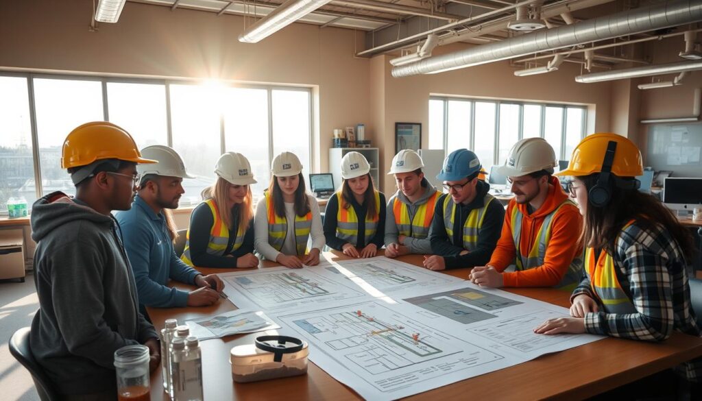 A group of students in a modern, well-equipped classroom setting, gathered around a large table studying technical diagrams and blueprints related to wastewater treatment systems. Bright, natural lighting streams in through large windows, creating a warm, focused atmosphere. The students wear safety gear like hard hats and goggles, indicating a hands-on, practical learning environment. In the background, various educational tools and equipment are visible, such as water samples, water testing kits, and computer workstations. The overall scene conveys a sense of engaged, immersive education in the field of sanitation engineering.