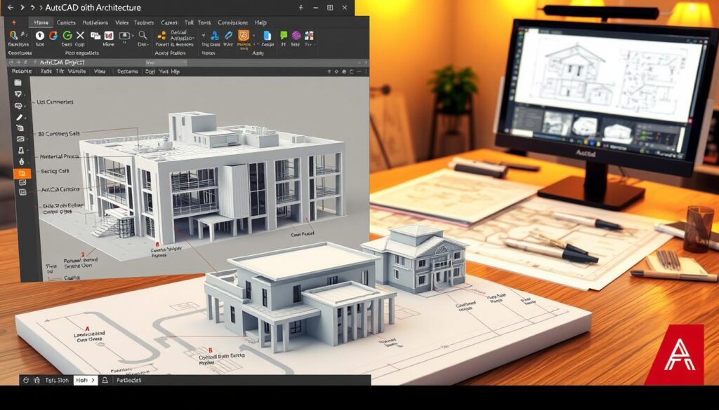 A high-quality, detailed 3D render of an AutoCAD Architecture software interface, showcasing various professional applications and career paths. The foreground features a CAD model of a modern commercial building, with annotations highlighting construction details, materials, and structural components. In the middle ground, a 3D model of a residential home is displayed, along with a BIM workflow process diagram. The background depicts an architectural studio setting, with a drafting table, design sketches, and a computer monitor displaying project plans. The scene is lit by warm, directional lighting, creating a professional, technical atmosphere. The overall composition conveys the versatility and career potential of an AutoCAD Architecture education and skillset.