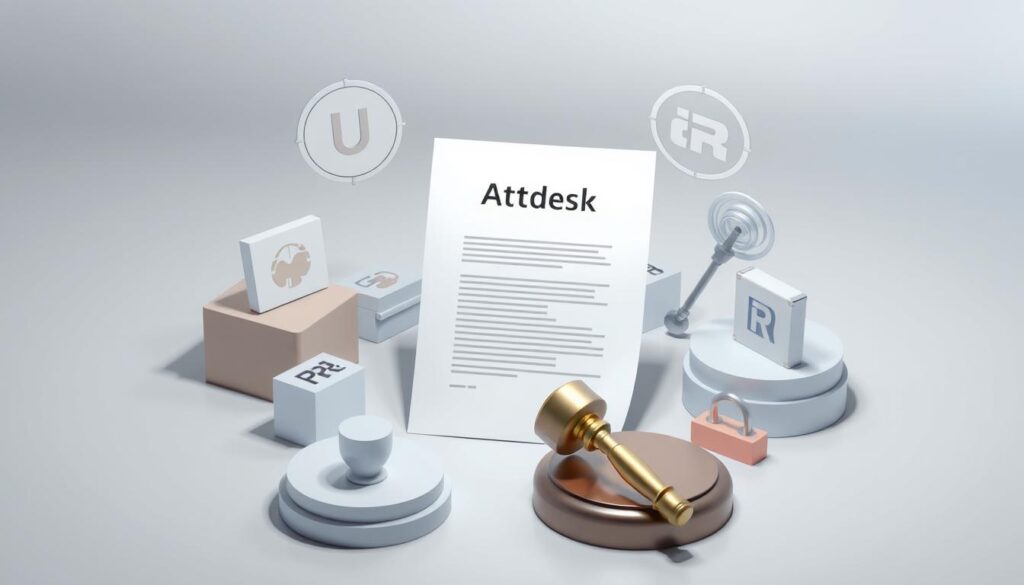 A high-quality image of the legality of obtaining Autodesk software, depicting a well-lit 3D scene with a central focus on a legal document or contract, surrounded by Autodesk software icons and symbols, set against a clean, professional background with subtle gradients and shadows to convey a sense of authority and legitimacy. The image should evoke a sense of careful consideration and adherence to regulations, without being overly complex or distracting.