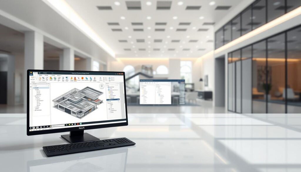 A high-resolution, detailed image of the Revit user interface, showcasing its various components and tools. The foreground should display the main workspace, with a 3D model viewer, toolbars, and panels neatly arranged. The middle ground should feature the project browser, properties palette, and other peripheral UI elements. The background should depict a soft, professional, and modern environment, with subtle lighting and reflections, creating a harmonious and intuitive visual experience. The overall scene should convey a sense of productivity, organization, and the powerful capabilities of the Revit software for architectural design.